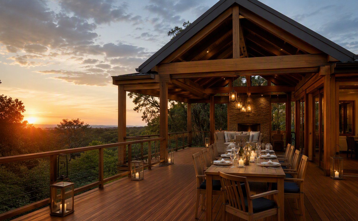 Timber deck pavilion at golden hour