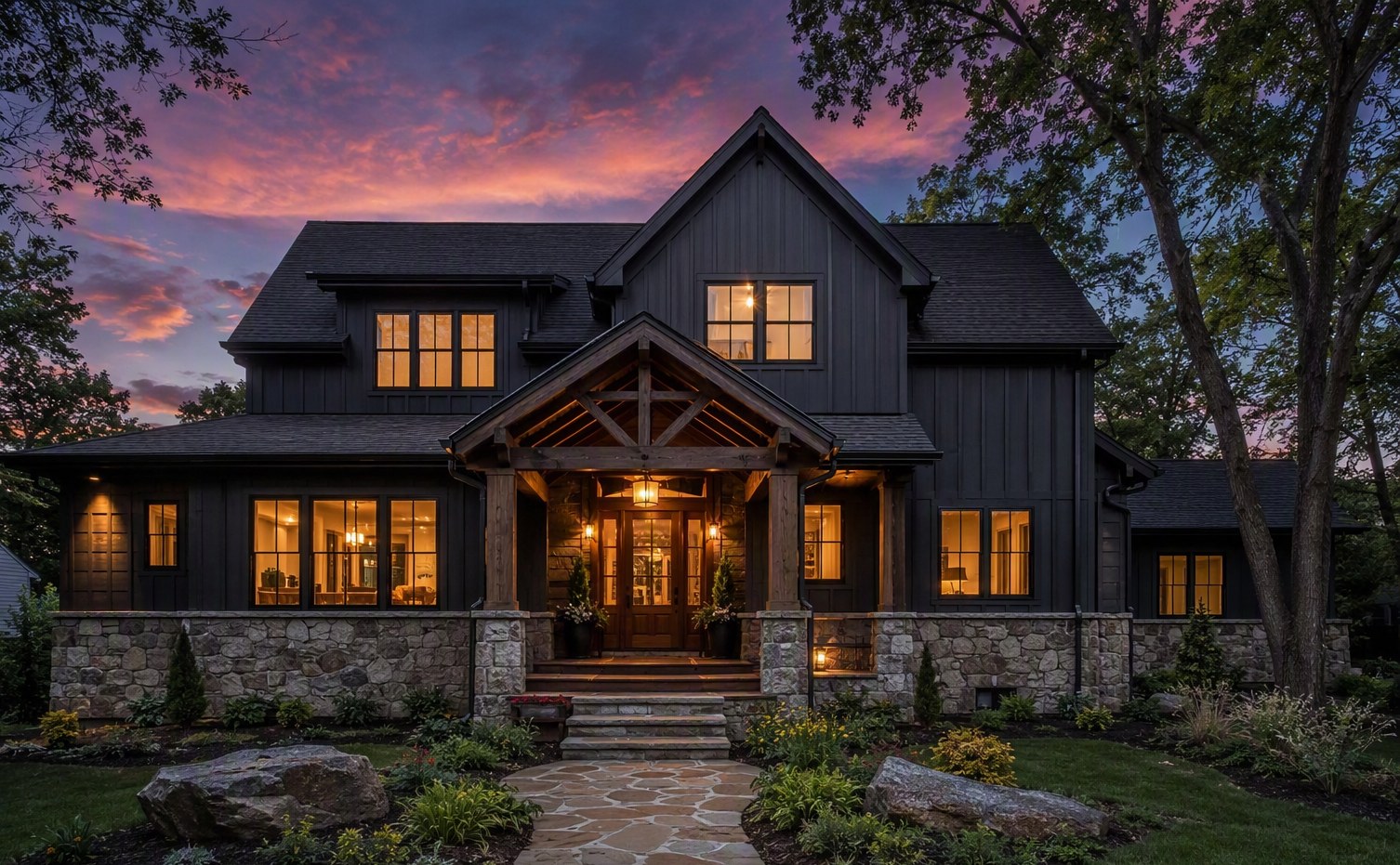 Whole home exterior renovation at dusk